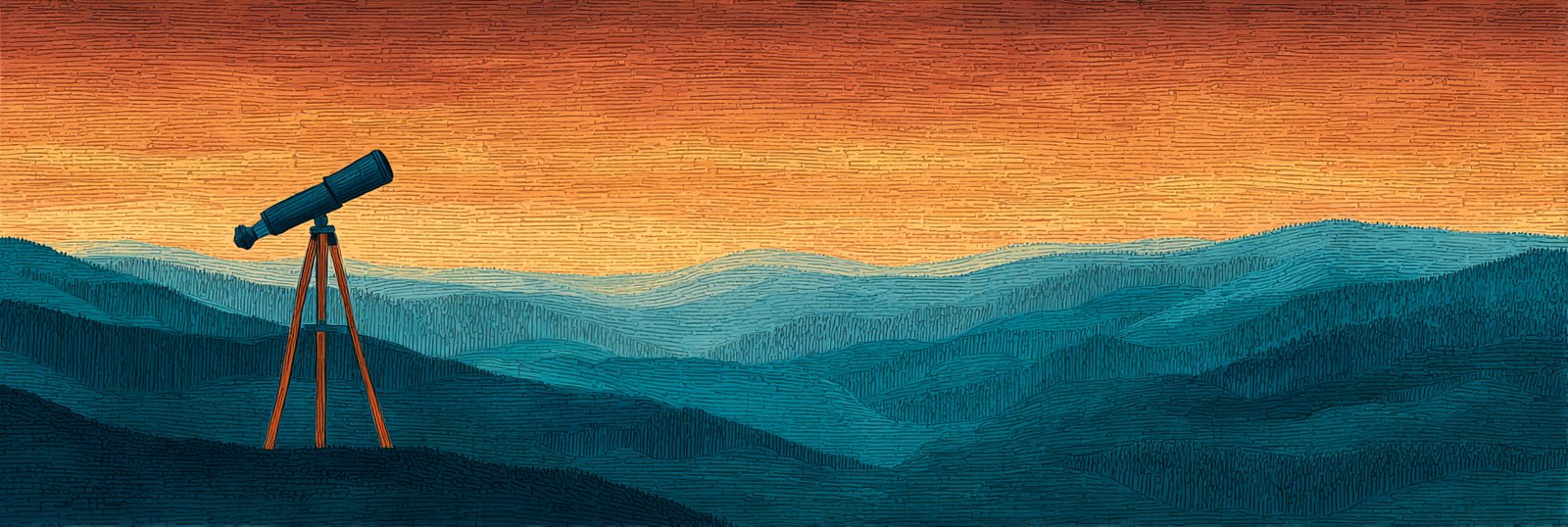 A vintage brass telescope on a tripod overlooking layered mountains at sunset