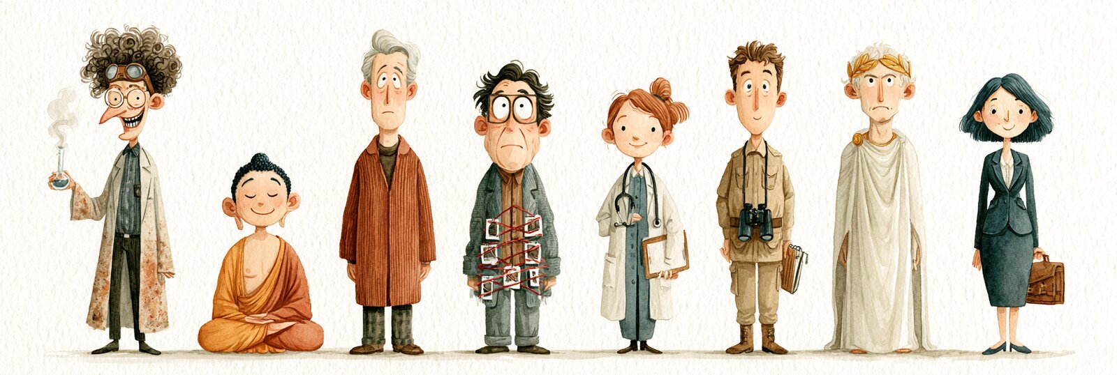 A row of six stylized friendly characters in warm earth tones, each representing a different personality