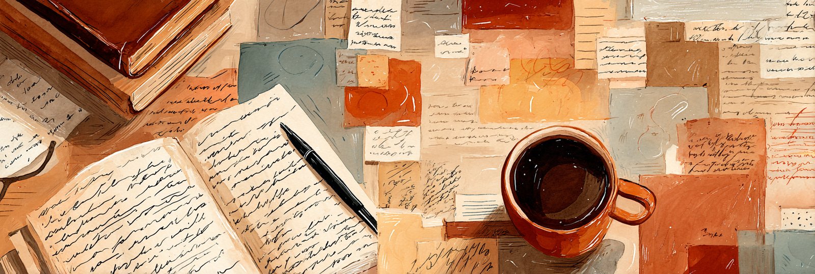 Hand-painted illustration in warm earth tones suggesting careful editing and rewriting of text