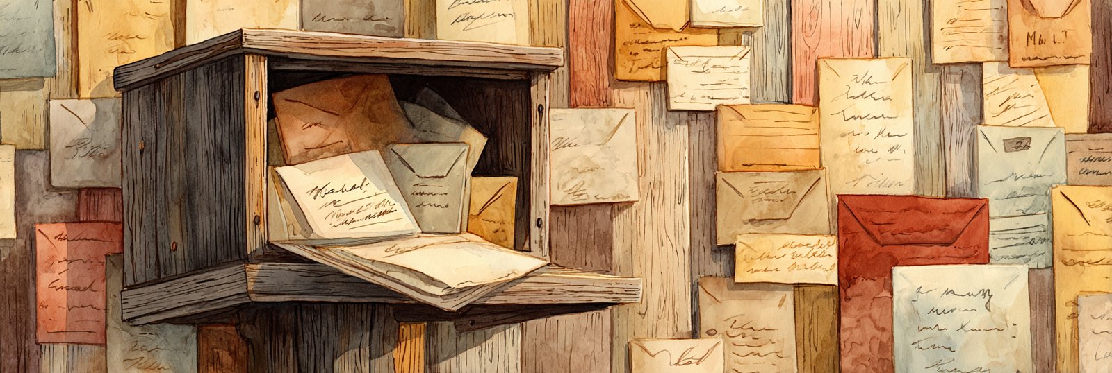 A wooden mailbox overflowing with handwritten letters and folded notes