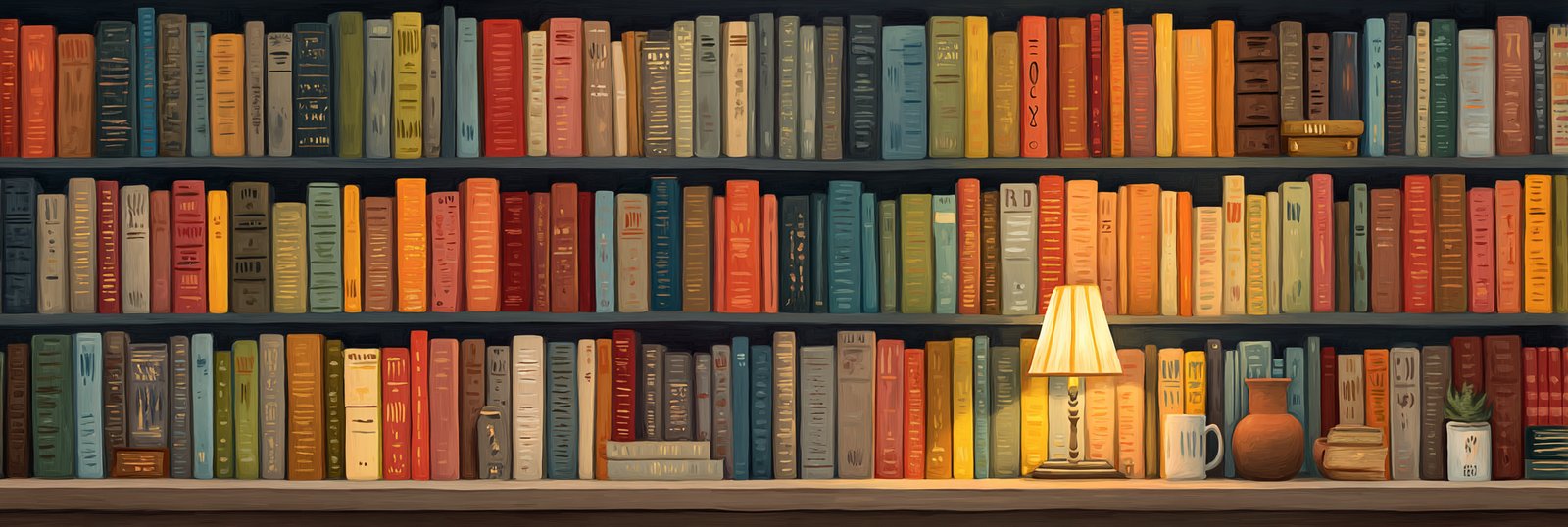 Tall library shelves filled with colourful book spines and a glowing reading lamp