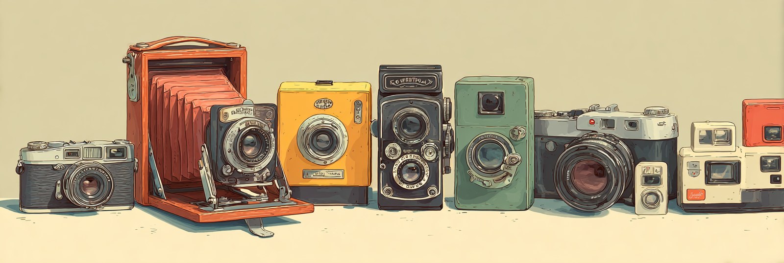 Hand-painted illustration of a row of cameras spanning photographic history, from a wooden bellows camera to a modern compact, in warm earth tones