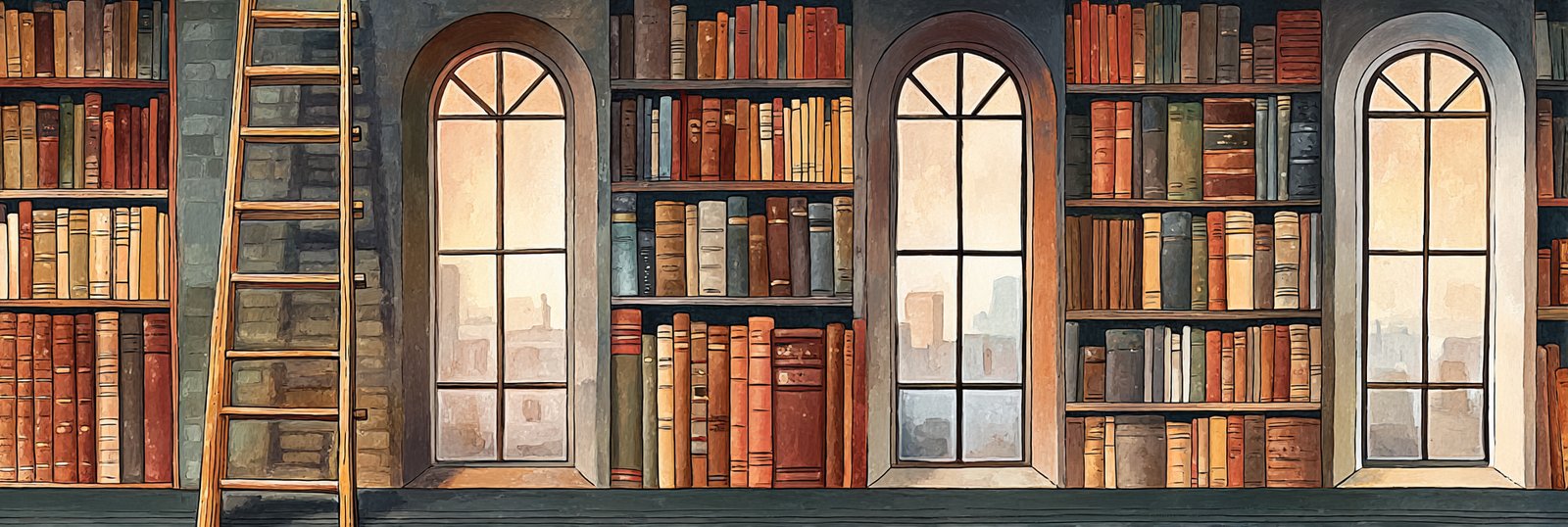 Tall library shelves lined with old leather-bound books, a sliding wooden ladder and tall arched windows letting in warm light