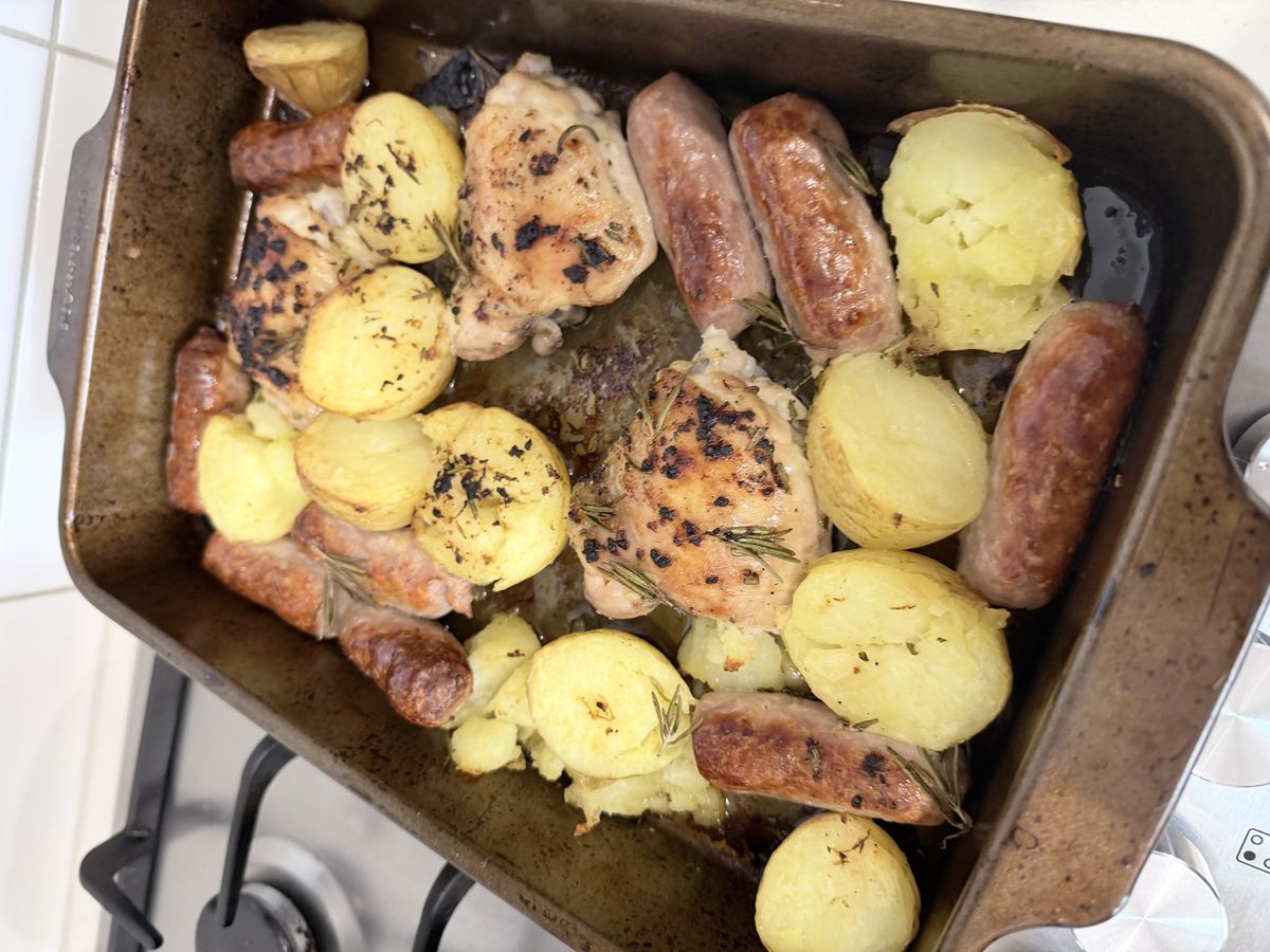 Lemon, Rosemary, Chicken, Sausage and Potato Tray Bake -- finished recipe card